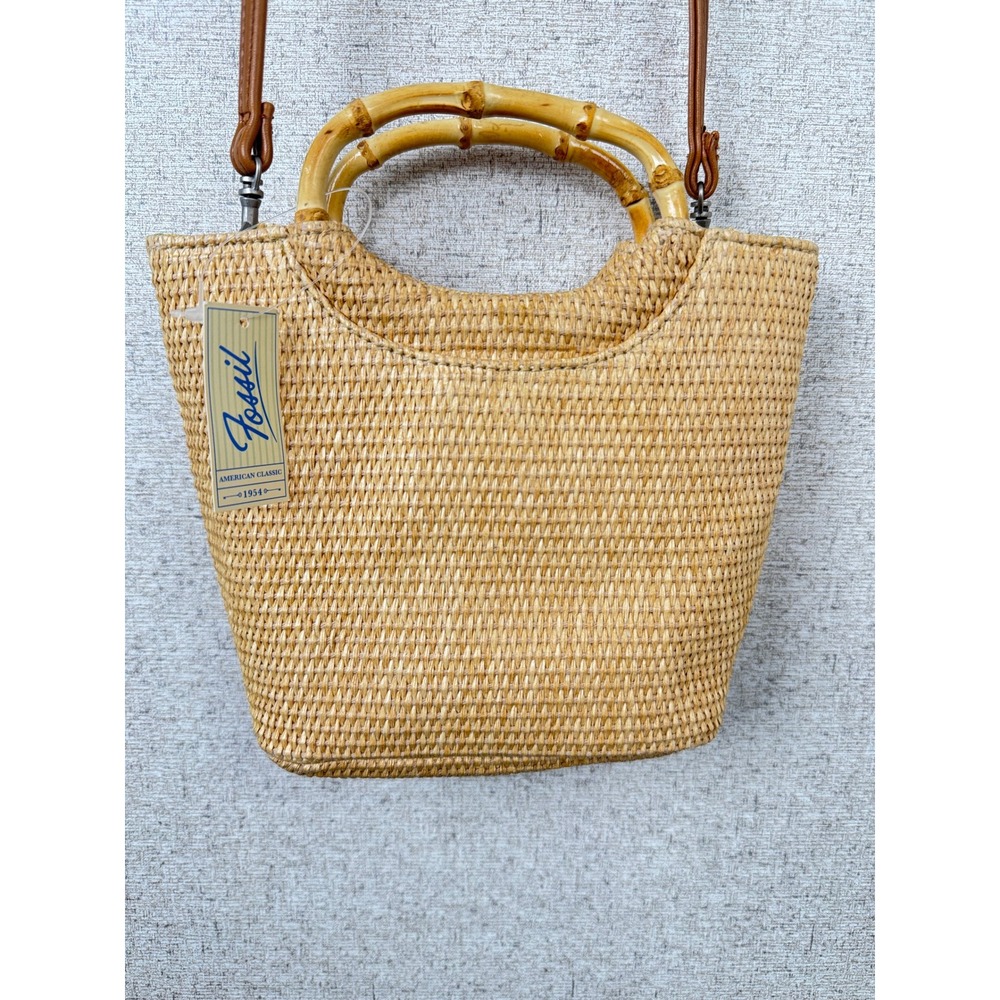 Vintage Y2K Fossil Belize NWT Straw Bamboo Handle Bucket Bag Striped Crossbody